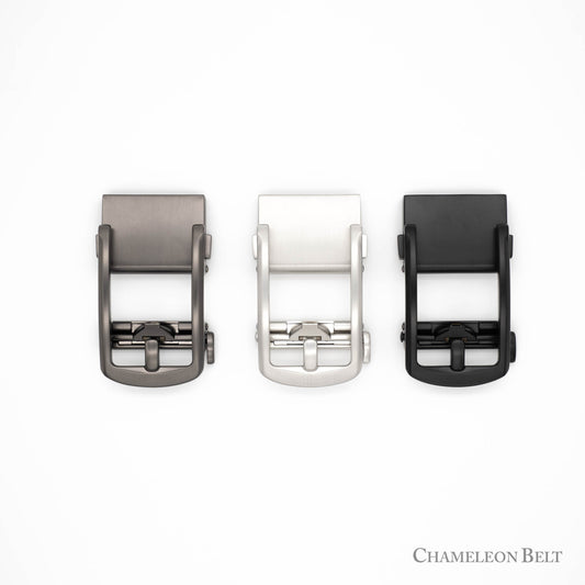 Three buckles from right to left - brushed gunmetal, chrome and matte black